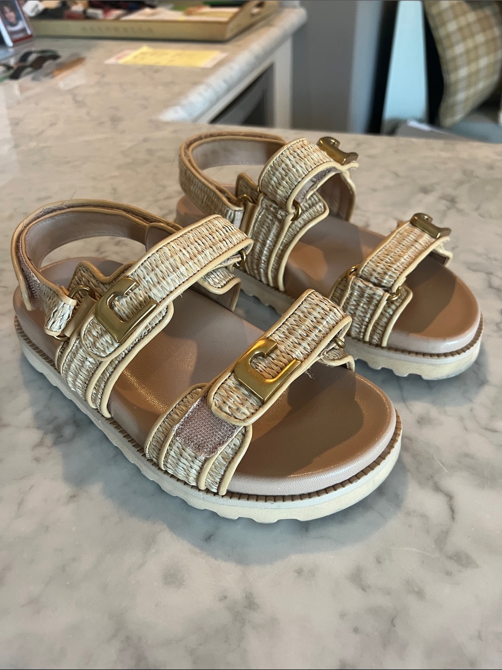 Women’s Beige Woven Buckle Sandals with Gold Accents